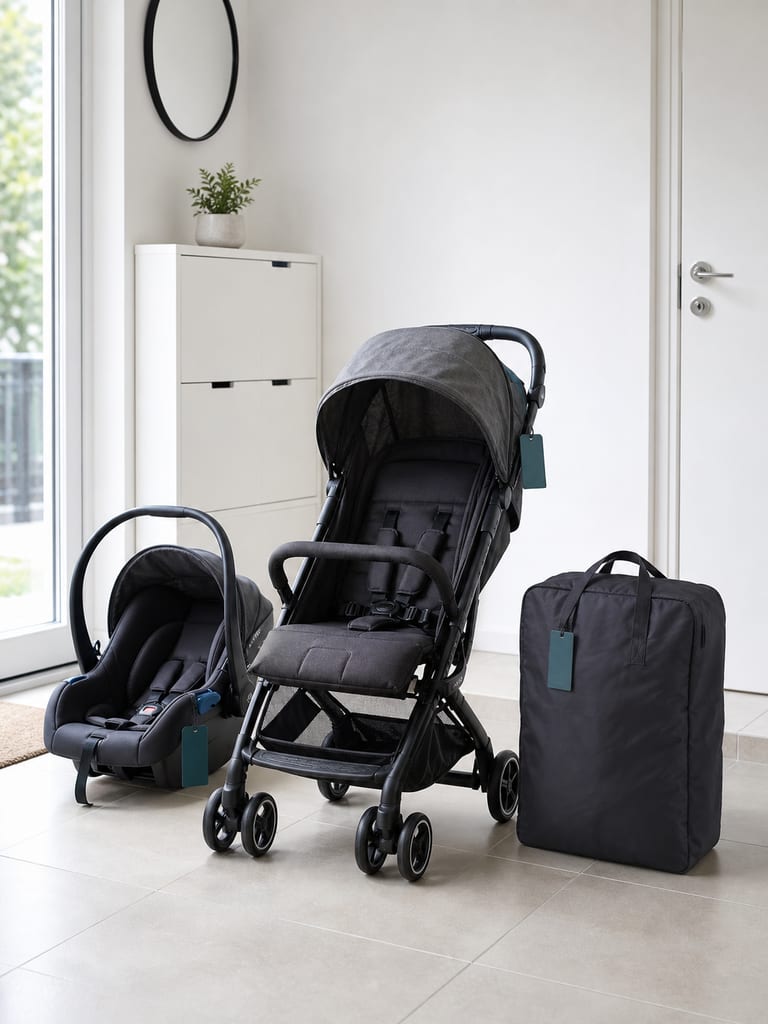Stroller, car seat, dan tas travel cot yang bersih dan tertata.