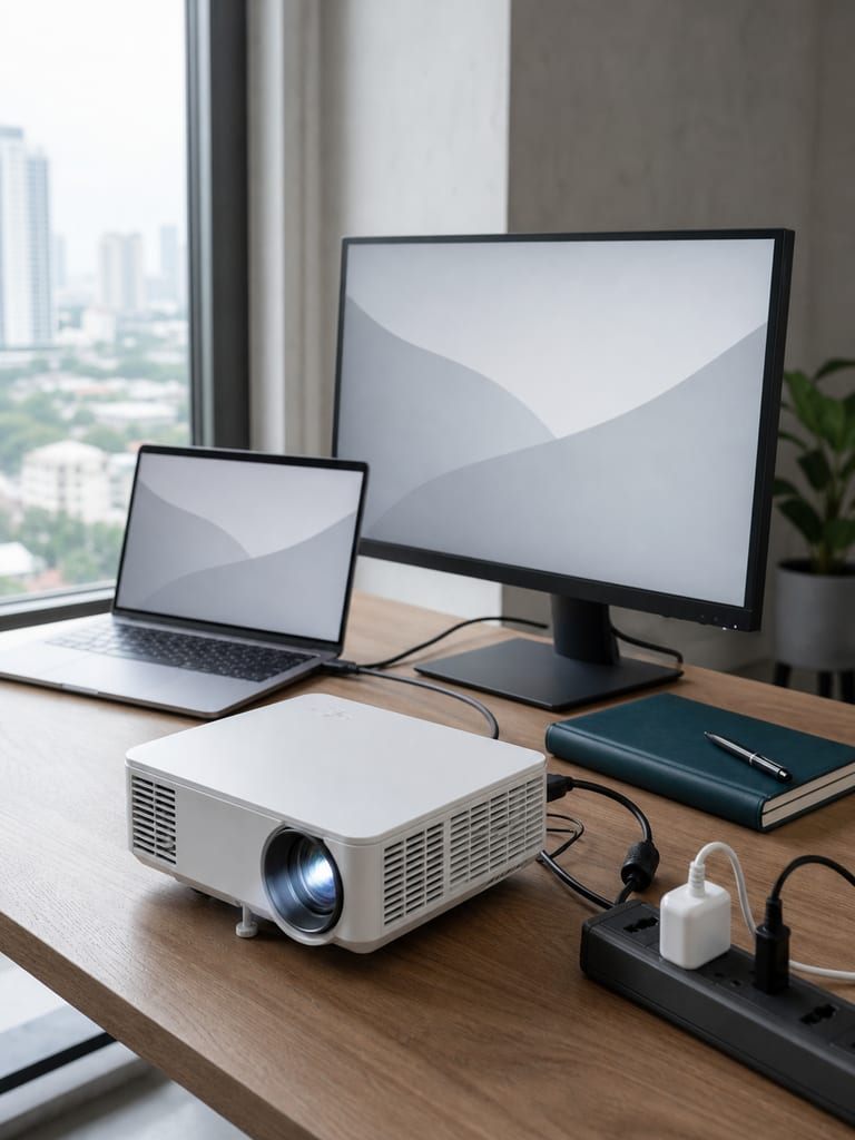 Proyektor, laptop, monitor, dan perangkat daya di meja kerja.