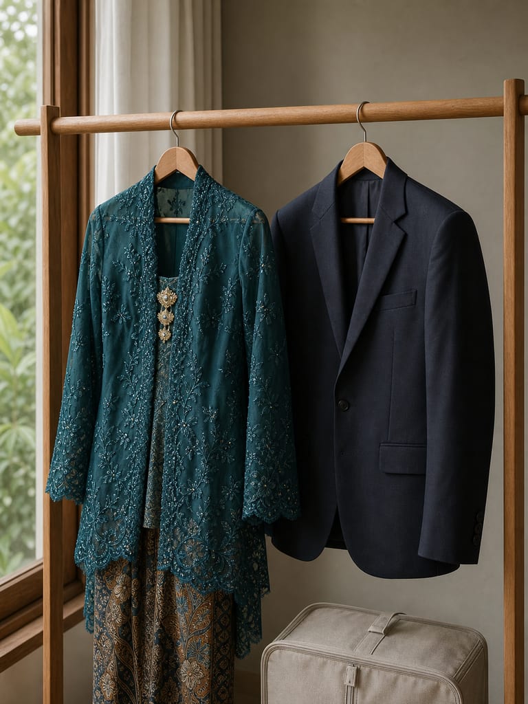 Kebaya modern dan jas tergantung rapi pada rak kayu.