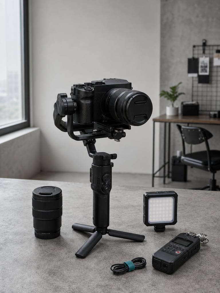 Kamera mirrorless pada gimbal bersama lensa, lampu, dan perekam audio.