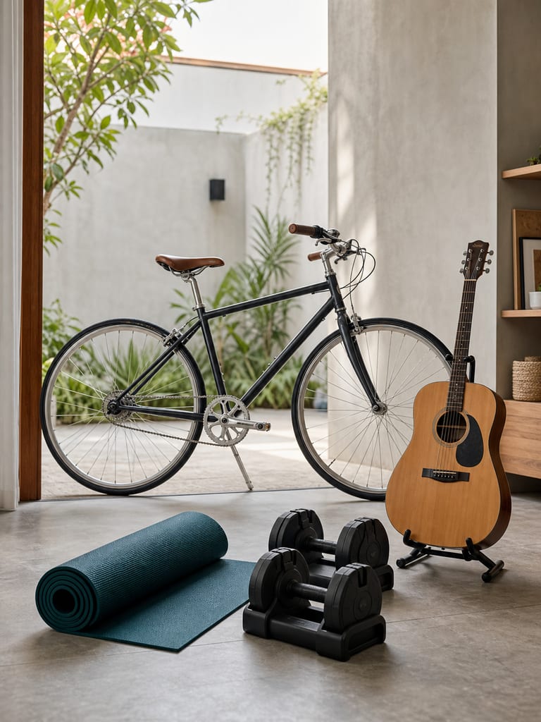 Sepeda, gitar akustik, dumbbell, dan matras olahraga di ruang serbaguna.
