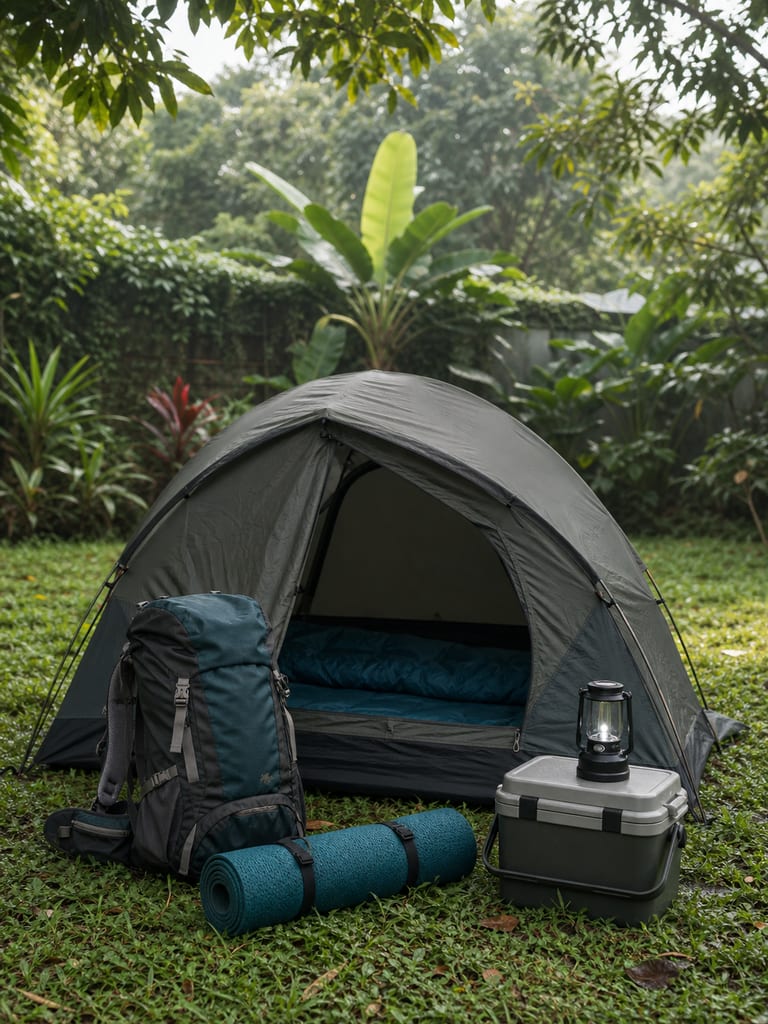 Tenda, carrier, matras, cooler, dan lampu untuk kegiatan outdoor.